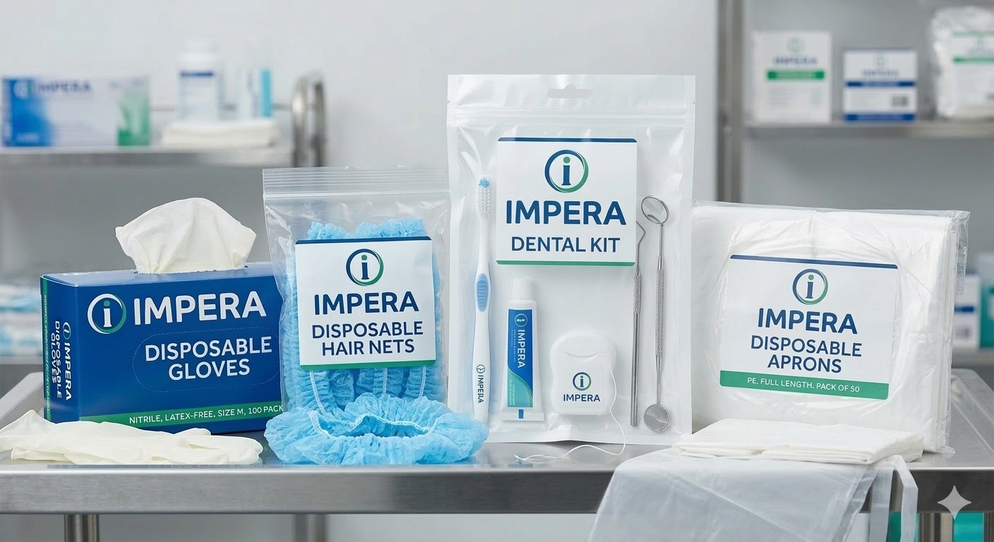 Dental kit, gloves, aprons, hair nets